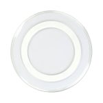 A transparent wireless charger with a sleek round design and a white inner ring. The product features a logo.