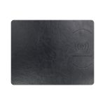 A black wireless charging mouse pad with a textured surface and an embedded charging symbol. Features a logo.