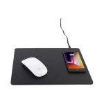 A black wireless charging mouse pad with a white mouse and a smartphone charging on its surface.
