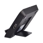 A black wireless charger stand with a sleek design, featuring a USB port on the back and a sturdy base.