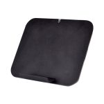 A black wireless charger stand with a sleek, flat design and a small slot for device placement. It features a logo.