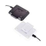 A wireless charger stand featuring a black and white design, with a sleek, modern shape and USB connection.