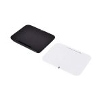 A black and a white wireless charger stand are displayed side by side, featuring a sleek, minimalist design.