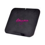 A black wireless charger stand with a sleek design and a branded logo in pink.