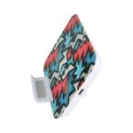 A wireless charger stand featuring a vibrant design in red, blue, and white zigzag patterns. It includes a branding logo.