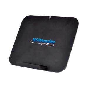 A black wireless charger stand featuring a logo, designed for charging smartphones.
