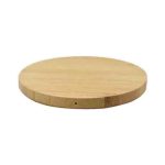 A round bamboo fast charger in a natural wood finish, featuring a sleek, minimalist design and a small logo.