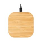 A square bamboo wireless charger with a black cable attached, featuring a smooth wooden texture.