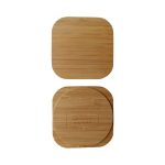 A bamboo wireless charger in a square shape with rounded edges, featuring a subtle logo on the surface.