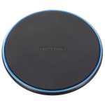 A black wireless charger with a blue LED ring and a smooth surface. It has a branding logo on it.