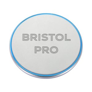 A round, light grey wireless charger with a blue edge and a logo on the surface.