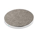 A round wireless charger featuring a grey tweed fabric surface and a sleek white base. It includes a small logo.