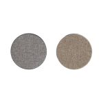 Round wireless chargers in grey and beige tweed fabric with a metallic edge. Each has a branding logo.