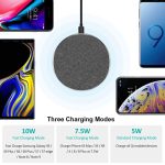 A round wireless charger in grey fabric, designed for fast charging compatible devices, featuring a logo.