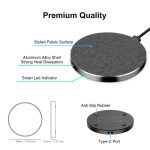 A round wireless charger with a stylish fabric surface, aluminium alloy shell, and anti-slip rubber base.