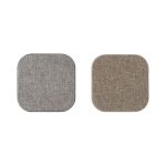 A square wireless charger in grey and beige hues, featuring a textured fabric surface and a logo.