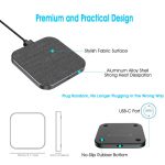 A square wireless charger with a stylish fabric surface, aluminium alloy shell, USB-C port, and a no-slip rubber bottom.