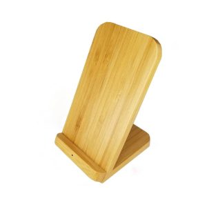 A bamboo wireless charger in a sleek, upright design, showcasing a natural wood finish.