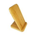 A bamboo wireless charger with a sleek design, featuring a stand for easy device access. It has a natural finish.