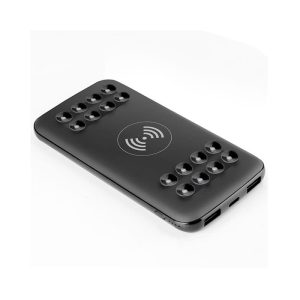 A black wireless power bank with a sleek design featuring multiple charging ports and a logo.