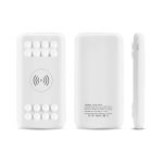 A white wireless power bank with a textured surface, featuring a logo and a slim profile.