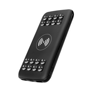 A sleek black wireless power bank featuring a light-up design and a logo, with an 8000 mAh capacity.