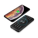 A black wireless power bank with an 8000 mAh capacity and a smartphone charging on top, featuring a logo.