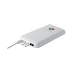 A white power bank with a logo and multiple charging ports, featuring a sleek, slim design.