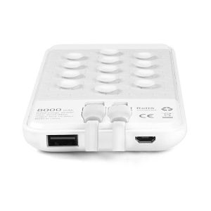 A white wireless power bank with multiple ports, featuring a textured surface and a logo.