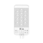 A white wireless power bank with a textured surface, featuring two USB ports and a logo. Capacity of 8000 mAh.