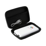 A white power bank in a zippered black case, accompanied by a charging cable. The power bank has a logo.