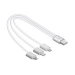 A white charging cable featuring a USB end and three connectors for various devices. It has a simple design.