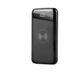 A black wireless power bank with a digital display and a logo on the surface. It has a 10,000 mAh capacity.
