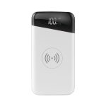 A white Marlow Wireless Power Bank with a capacity of 10,000 mAh and a display for battery level, featuring a logo.