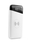 A white wireless power bank with a digital display, featuring a logo and a charging icon.
