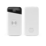 A white Marlow wireless power bank with a digital display and a logo, featuring wireless charging capability.