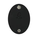 A black oval cable tidy with a metallic button and a logo. Suitable for managing cables and cords.