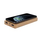 A bamboo wireless power bank in natural wood finish, featuring two USB ports and a smartphone on top.
