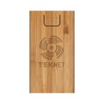 A bamboo wireless power bank in a natural finish with a logo and indicator lights.