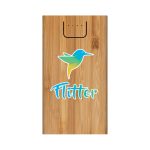 A bamboo wireless power bank in natural wood finish, featuring a colourful logo with a bird design.