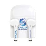 White true wireless stereo earphones placed in a charging case, featuring a logo on both the case and earbuds.