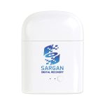 A white charging case with a logo, designed for wireless earphones, featuring LED indicator lights.