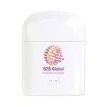 A white charging case with a logo, designed for wireless earbuds, featuring a smooth, rounded design.