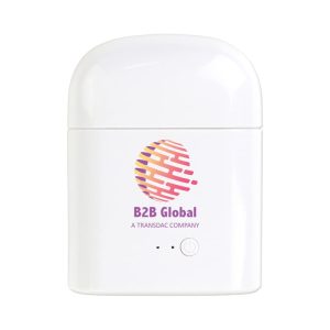 A white charging case with a logo, designed for wireless earbuds, featuring a smooth, rounded design.