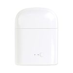 A white charging case for wireless earbuds with a small power button and indicator lights.