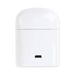 A white charging case for true wireless stereo earphones, featuring a small port at the bottom.