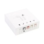 A white box containing Zoe True Wireless Stereo Earphones, featuring a minimalist design and various coloured ear tips.