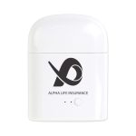 A white charging case for true wireless earphones with a branding logo on the front.