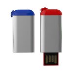 Two flash drives, one with a blue cap and the other with a red cap, both featuring a silver body and a logo.