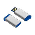 A silver and blue flash drive with a removable cap and a USB connector. It features a sleek, metallic design.